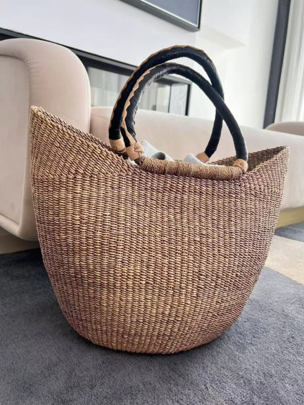 Brand New Bolga Large Handwoven Ghanaian Straw Market Tote Basket – Light Purple